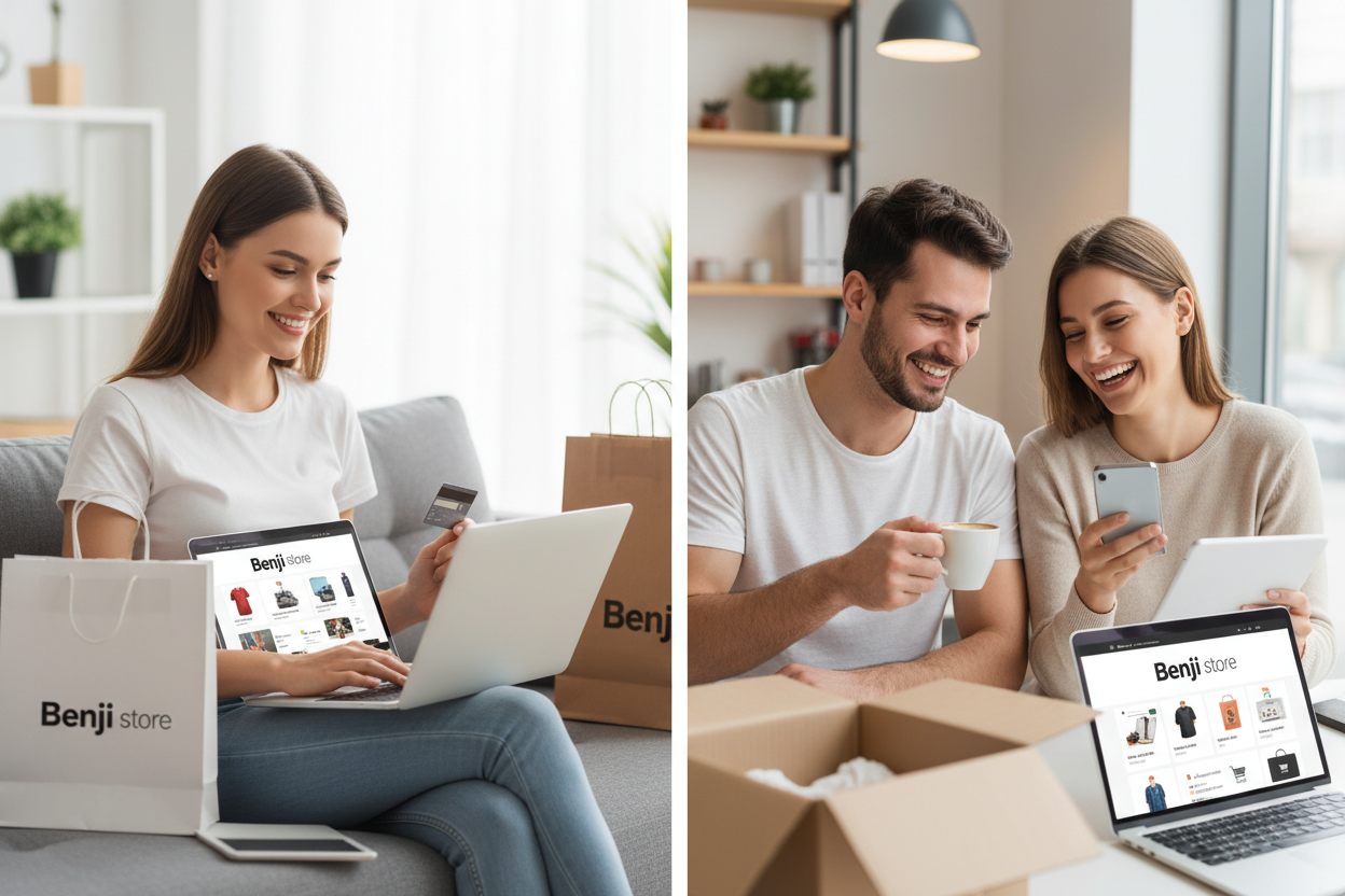 Une photo des gens qui passe des commandes en ligne avec mon logo Benji store 